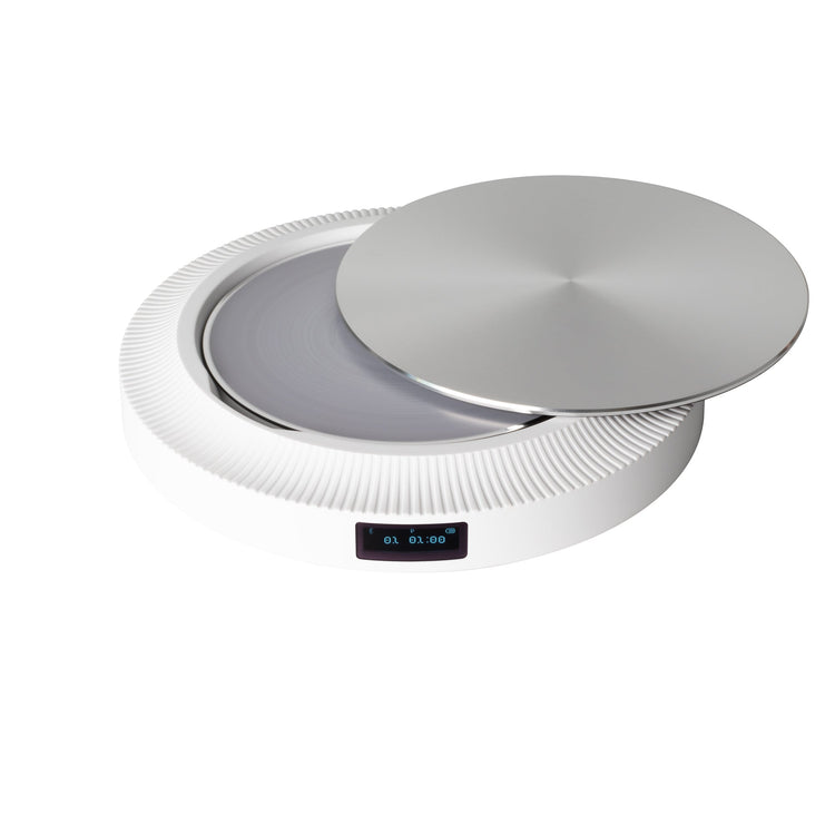 Sliding lid open view of the Trettitre Bluetooth CD player, showing unobstructed CD access with a smooth, minimalist design.